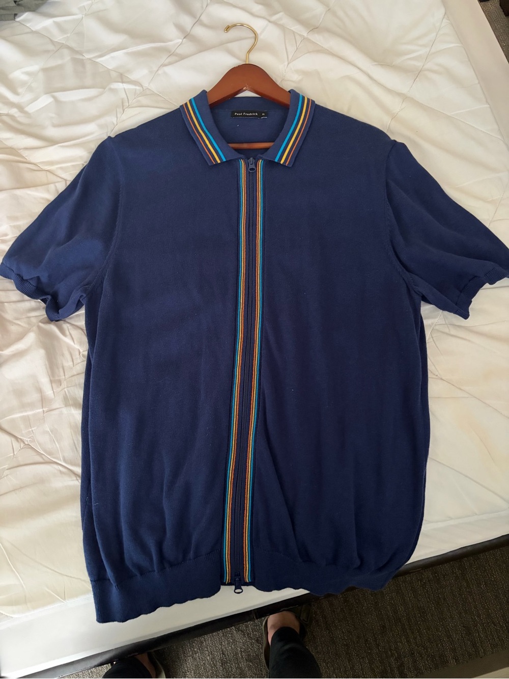Paul Fredrick Navy Short-Sleeve Zip Polo with Rainbow Stripe Trim